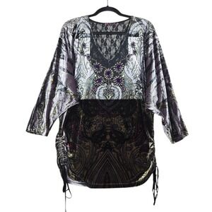 Whimsygoth Paisley Velvet Tunic Top Womens L Purple Beaded Lace V Neck Stretch